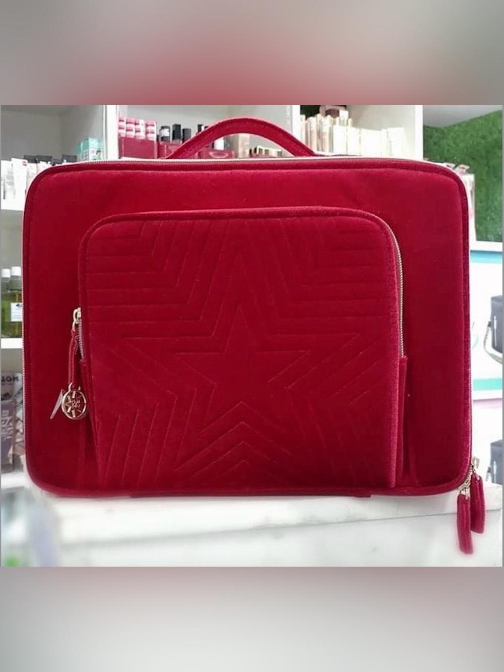 ESTEE LAUDER RED VELVET ZIPPER COSMETICS TRAVEL TRAIN BAG CASE LINED ZIPPER